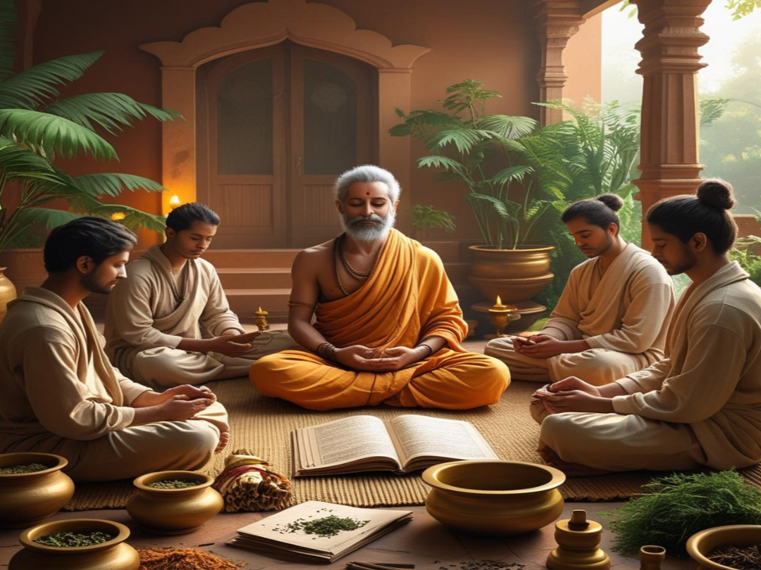 Sage in orange robe teaching students in a serene outdoor setting with plants and traditional decor.