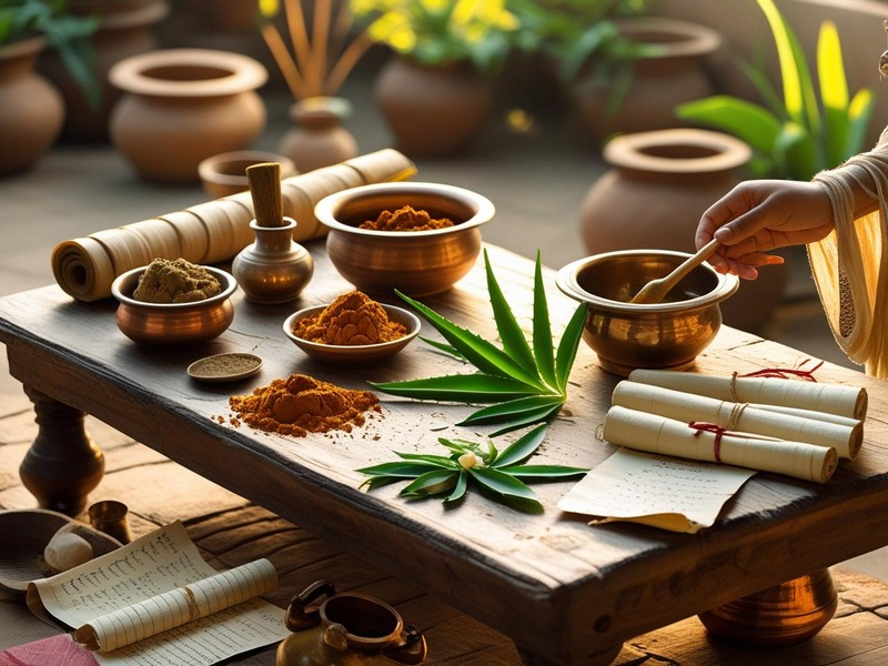 Traditional setting with bowls of powder, a cannabis leaf, and scrolls on a wooden table.