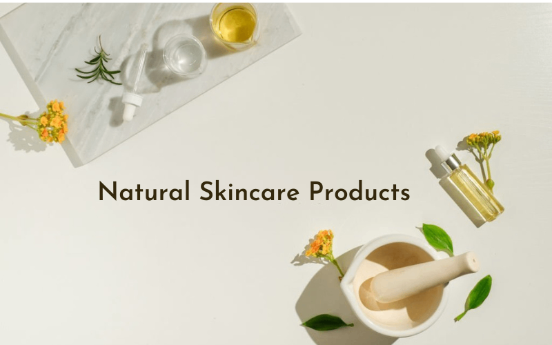 Natural products for skincare are on table 
