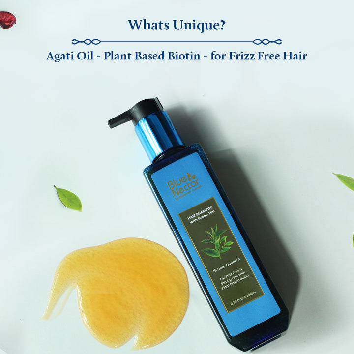 Green tea hair shampoo, hair serum and hair mask for silky, smooth hair.