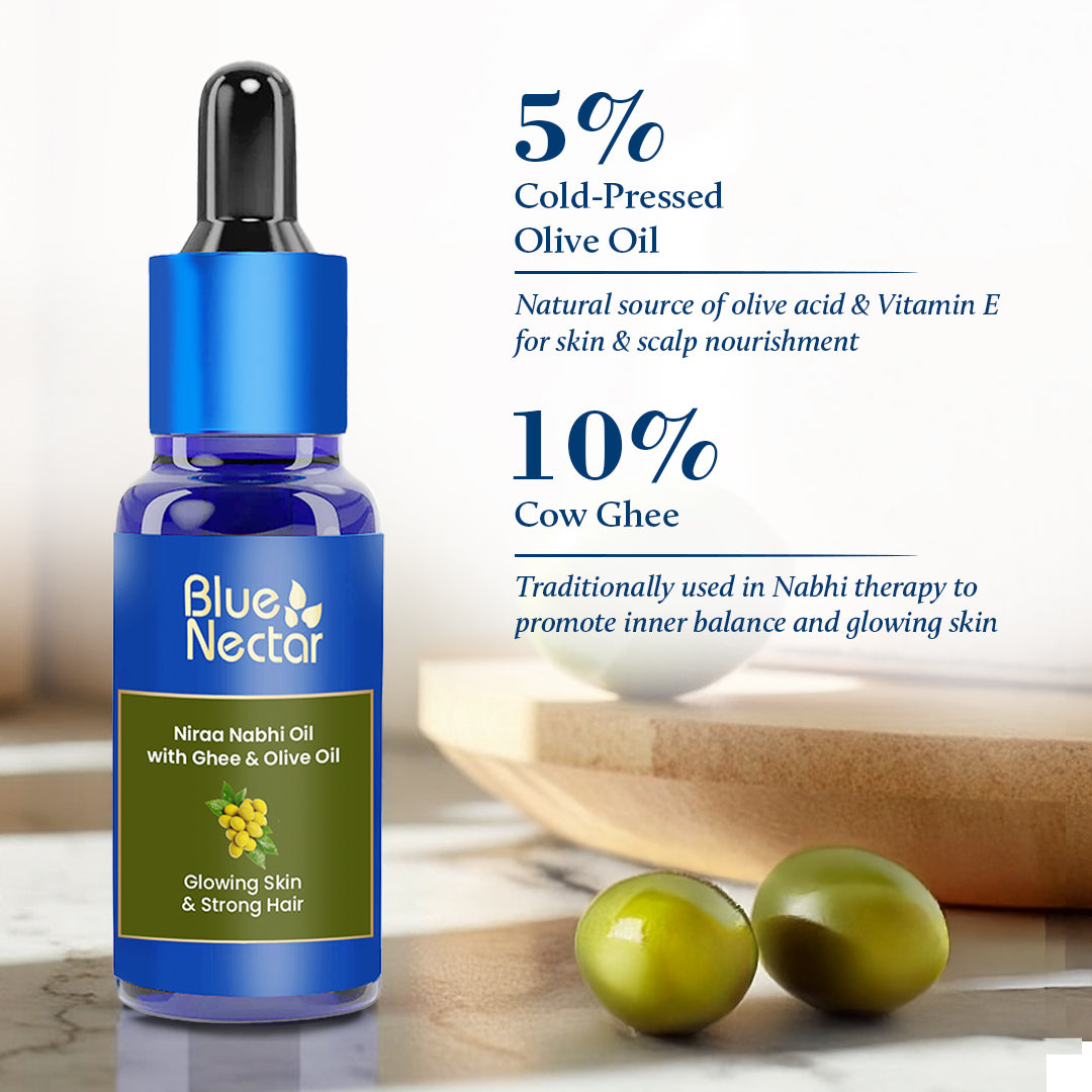 Belly button oil for skin and hair with 5% cold pressed olive oil and 10% cow ghee.