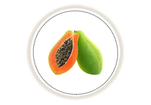 Papaya cut in half on a white plate with a black rim