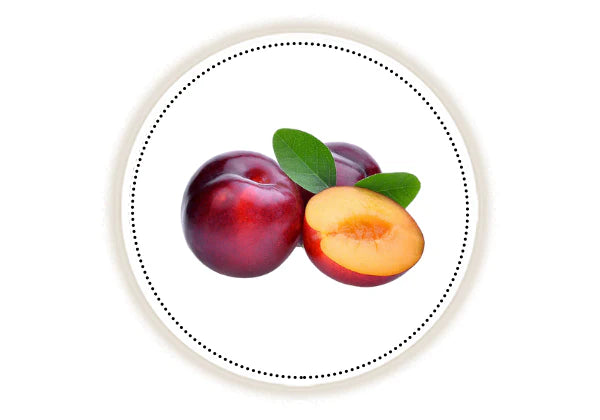 Plum and a half-cut plum on a white plate with a black rim