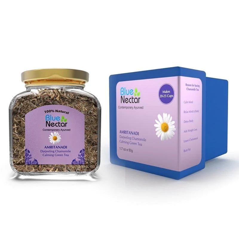 Amritanadi Darjeeling Chamomile Green Tea for Detox and Calmness (50g | 25 cups) - Blue Nectar Products