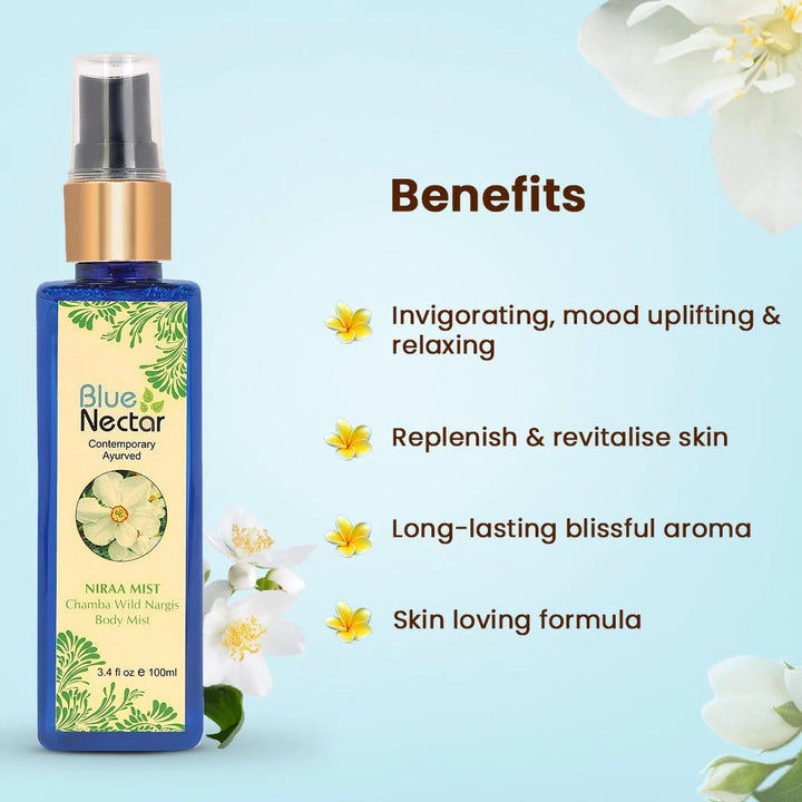 Niraa Chamba Wild Nargis Body Mist for long lasting freshness and aromatic body odor - Blue Nectar Ayurved