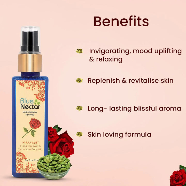 Niraa Uplifting Body Mist with Himalyan Rose and Cardamom for long lasting freshness and aromatic body odor - Blue Nectar Ayurved